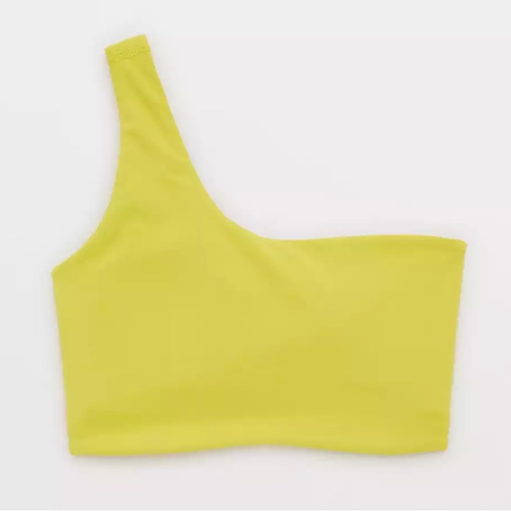 SEEKING/ISO: OFFLINE by Aerie Goals One Shoulder Bra, XS GREEN RUSH and cream